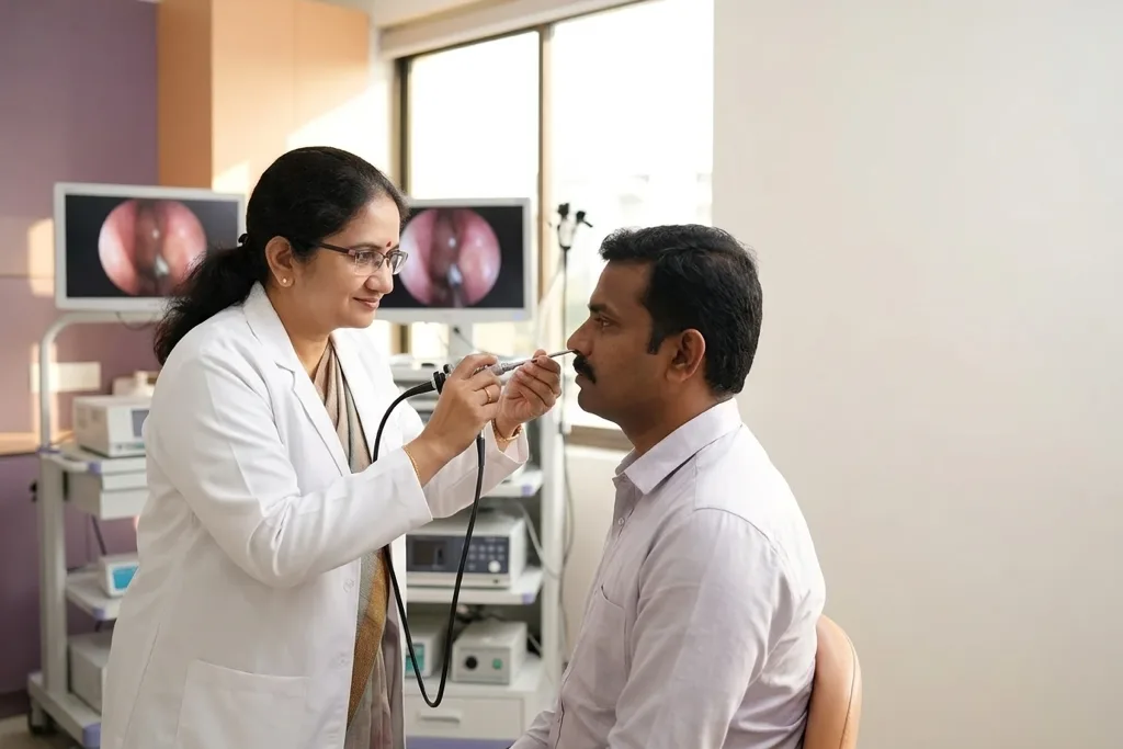 Dr. A. Sudha performing a nasal endoscopy at THANC Hospital, Chennai