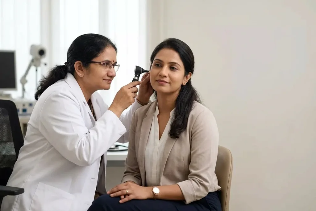 Dr. A. Sudha examining a patient with an otoscope at THANC Hospital, Chennai