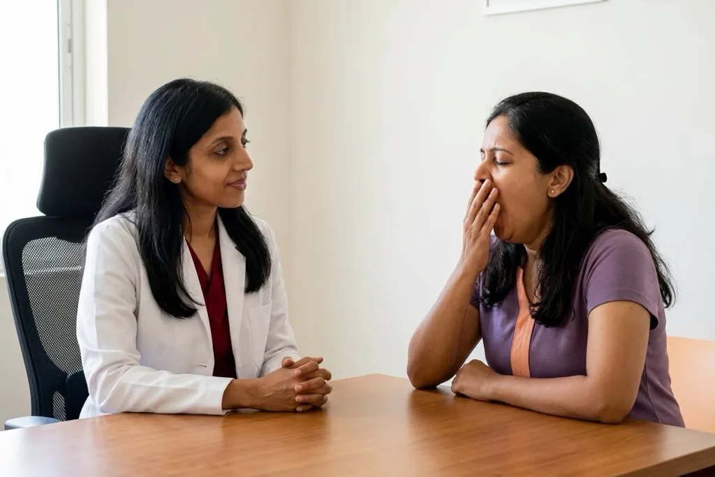 Sleep specialist assessing a patient for excessive daytime sleepiness at THANC Hospital, Chennai