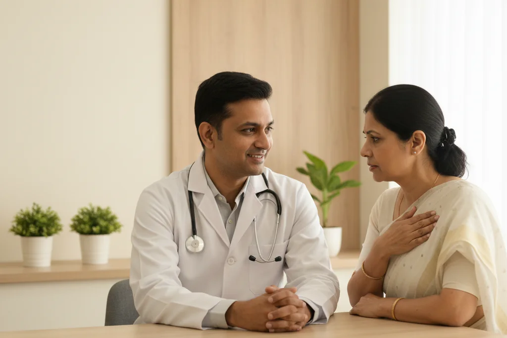 Patient discussing GERD acid reflux symptoms with doctor — THANC Hospital Chennai