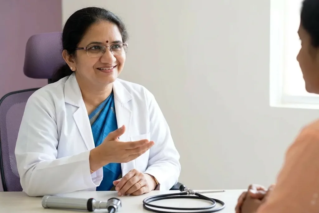 Dr. A. Sudha, ENT specialist, explaining a treatment plan to a patient at THANC Hospital, Chennai