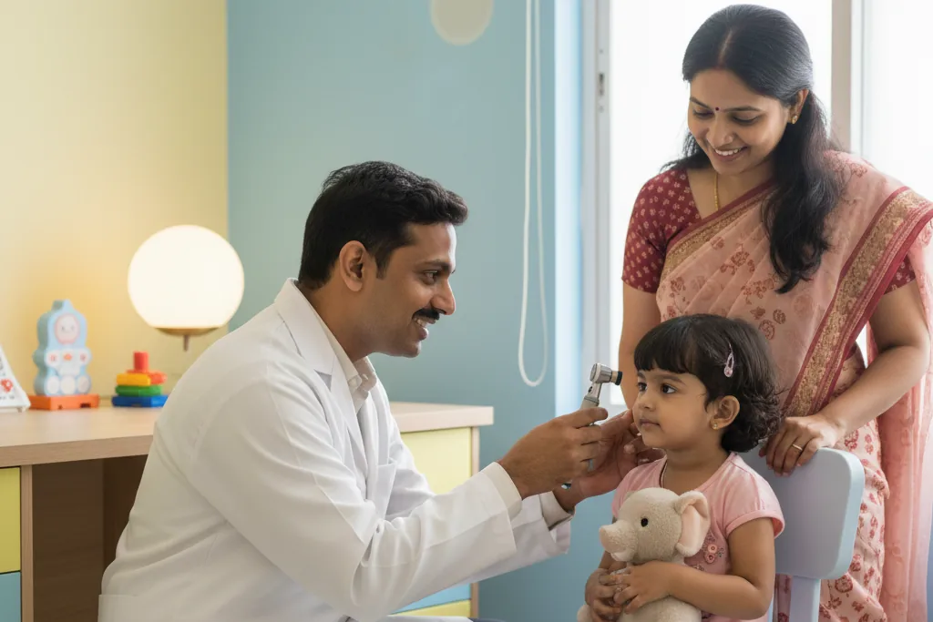 Parent holding child with earache, illustrating paediatric ENT care — THANC Hospital Chennai