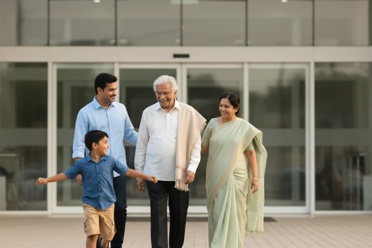 South Indian family — elderly father, adult son and daughter, and a young grandchild — walking out of THANC Hospital after successful treatment