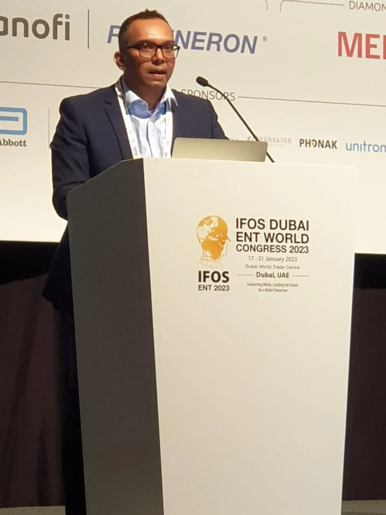 Dr. Vidhyadharan Sivakumar speaking at the IFOS Dubai ENT World Congress 2023