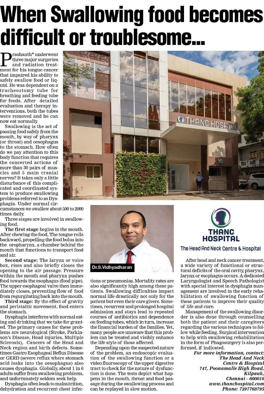 Feature article on swallowing difficulties by Dr. Vidhyadharan
