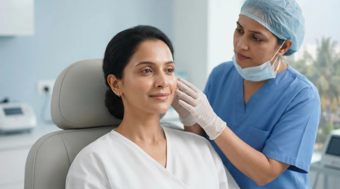 Facial plastic surgeon assessing facial volume for fat grafting at THANC Hospital, Chennai