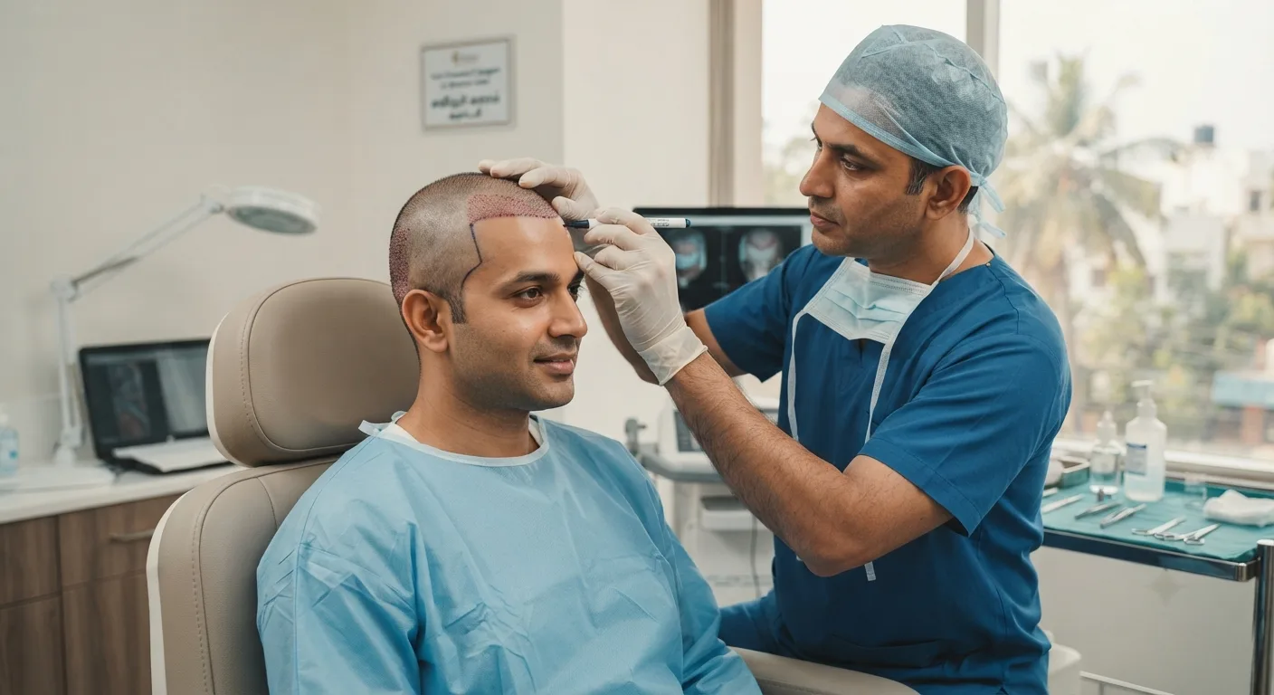 Facial plastic surgeon planning a hairline for FUE hair transplant at THANC Hospital, Chennai