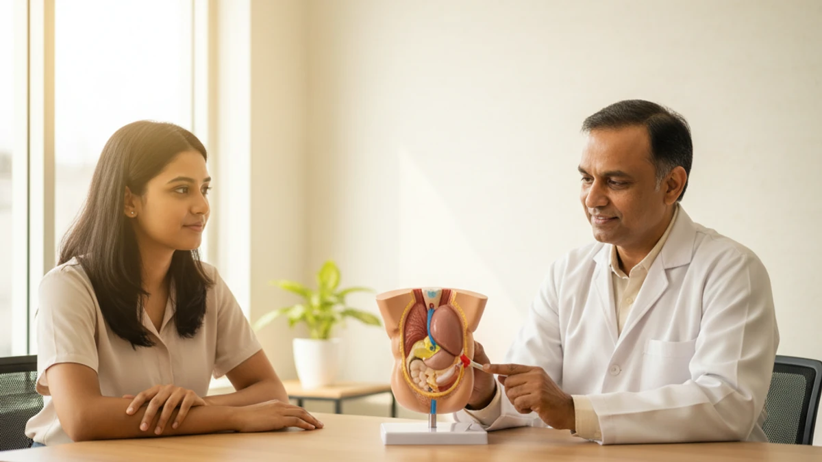 General surgeon evaluating a patient with right lower abdominal pain before appendicectomy at THANC Hospital, Chennai