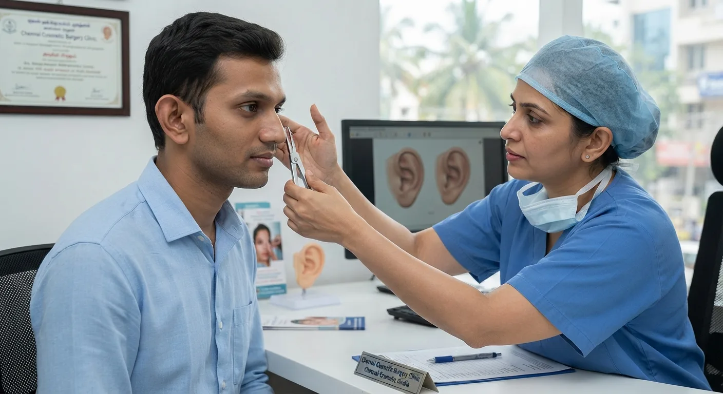 Facial plastic surgeon examining a child's ears for otoplasty at THANC Hospital, Chennai
