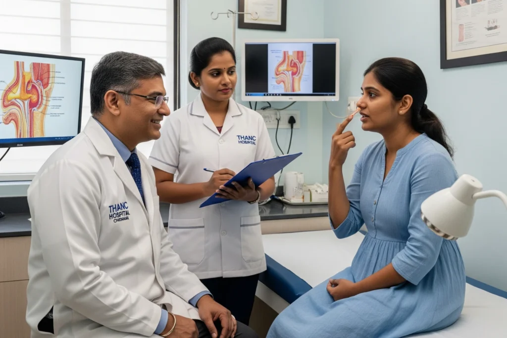 Facial plastic surgeon assessing a patient for rhinoplasty at THANC Hospital, Chennai