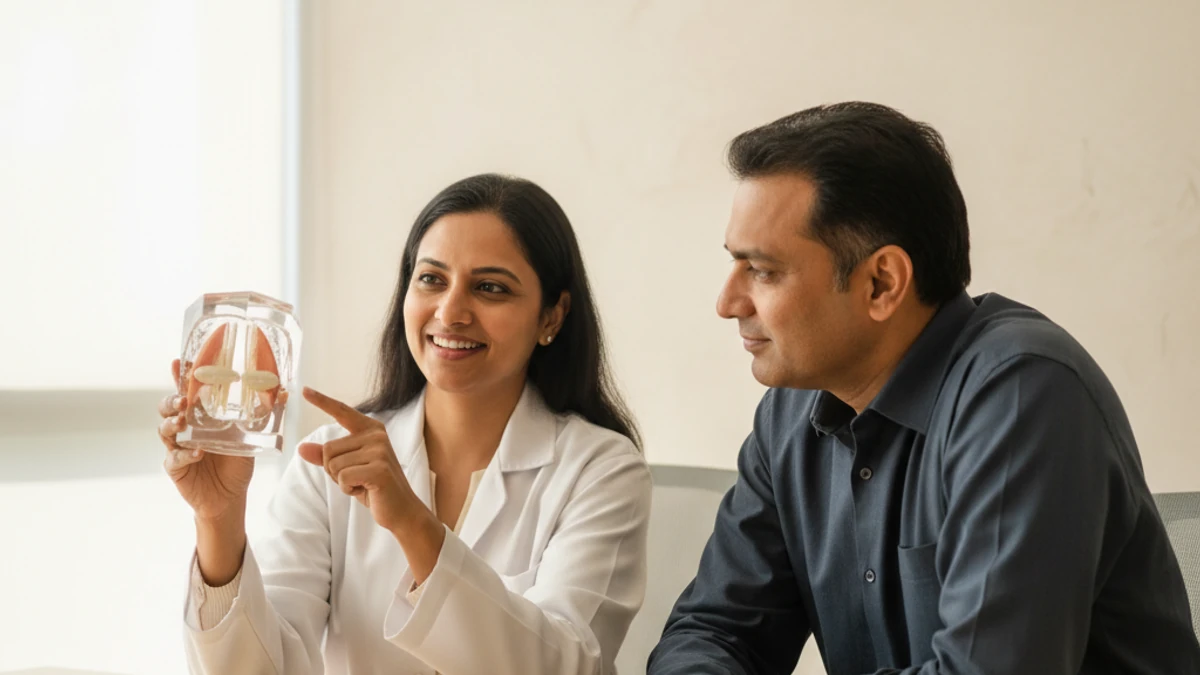 Laryngologist counselling a patient about vocal cord surgery at THANC Hospital, Chennai